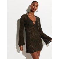 New Look O-Ring Crochet Beach Kaftan Dress - Dark Brown