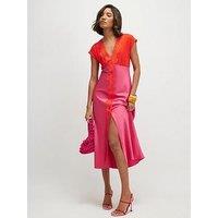 River Island Short Sleeve V Neck Lace Satin Dress - Pink