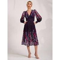 Jolie Moi Long Sleeve Printed Lace Midi Dress