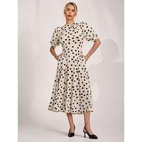 Jolie Moi Tie Neck Puffy Sleeve Jersey Midi Dress - Cream