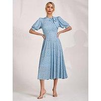 Jolie Moi Tie Neck Puffy Sleeve Jersey Midi Dress - Blue