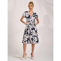 Jolie Moi V Neck Print Scuba Midi Dress - Navy