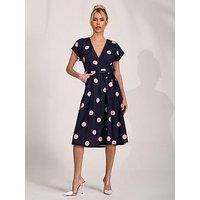 Jolie Moi V Neck Print Scuba Midi Dress - Navy