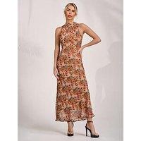 Jolie Moi Chiffon Halterneck Printed Midaxi Dress - Orange