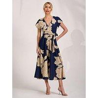 Jolie Moi Kimono Sleeve Print Scuba Midi Dress - Navy