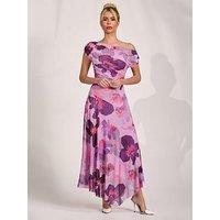 Jolie Moi Asymmetrical Draped Mesh Maxi Dress - Pink