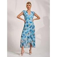 Jolie Moi Mesh Ruffle Detail Maxi Dress - Blue
