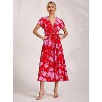 Jolie Moi Kimono Sleeve Print Scuba Midaxi Dress - Red