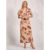 Jolie Moi High Neck Angel Sleeve Chiffon Maxi Dress - Brown