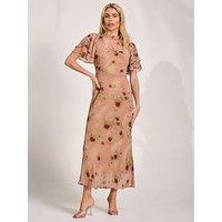 Jolie Moi High Neck Angel Sleeve Chiffon Maxi Dress - Beige