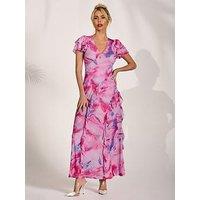 Jolie Moi Cap Sleeve Ruffle Mesh Maxi Dress - Pink