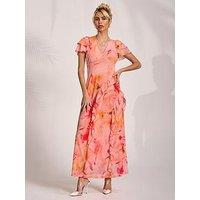 Jolie Moi Cap Sleeve Ruffle Mesh Maxi Dress - Orange