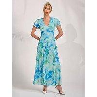 Jolie Moi Cap Sleeve Ruffle Mesh Maxi Dress - Blue