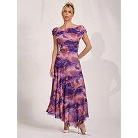 Jolie Moi Asymmetrical Draped Mesh Maxi Dress - Purple