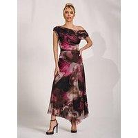 Jolie Moi Asymmetrical Draped Mesh Maxi Dress - Pink
