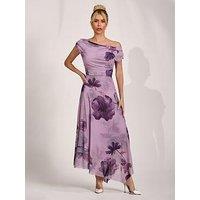 Jolie Moi Asymmetrical Draped Mesh Maxi Dress - Purple
