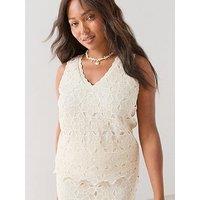 The Very Collection Curve V Neck Crochet Co-Ord Top - Cream
