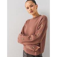 The Very Collection Crew Neck Button Sleeve Jumper - Beige