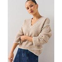 The Very Collection V Neck Tipping Jumper With Wool - Beige