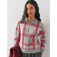 The Very Collection Collared Neck Zip Through Check Cardigan With Wool - Grey