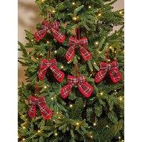 The Very Collection Set Of 6 Velvet Checked Bow Christmas Tree Decorations - Red