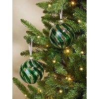 The Very Collection Set Of 2 Glass Christmas Tree Baubles With Green Swirls