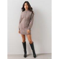 The Very Collection Womens Cosy Yarn Funnel Neck Knitted Mini Dress With Wool - Brown