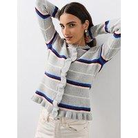 The Very Collection Crew Neck Frill Stripe Cardigan - Grey