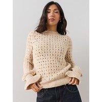 The Very Collection Crew Neck Open Stitch Frill Jumper With Wool - Beige
