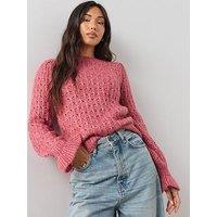 The Very Collection Crew Neck Open Stitch Frill Jumper With Wool - Pink