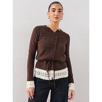 The Very Collection Cosy Yarn Drawstring Pointelle Cardigan With Wool - Chocolate - Brown