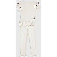 River Island Mini Mini Girls Cream Frilled Ribbed Top Set - Cream