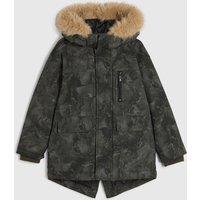 River Island Boys Camo Faux Fur Hood Popper Zip Parka Coat - Green