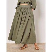 Apricot Linen Pleated Full Midi Skirt