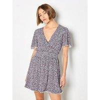 Apricot Double Layered Lace Trim Dress In Graphic Fold Ditsy Print