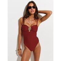 New Look Tummy Control Shell Buckle Swimsuit - Burgundy