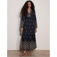 Apricot Ikat Lurex Chiffon Babydoll Tiered Ruffle Neck Blue