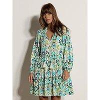 Apricot Ikat Lurex Chiffon Babydoll Tiered Ruffle Neck Dress - Blue