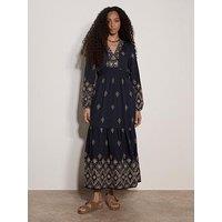 Apricot V Neck Boho Embroidered Maxi Dress