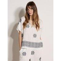 Apricot Paisley Border Embroidered Bead Detail V Neck Top