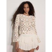 Apricot Floral Tape Yarn Crochet Scallop Edge Bell Sleeve Top