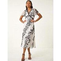 Roman Lace Trim V-Neck Chiffon Midi Dress