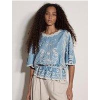 Apricot 2 Tone Placement Embroidered Batwing Top