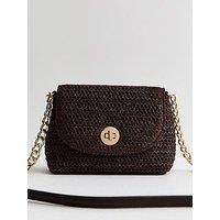 New Look Raffia Turn Lock Cross Body Bag - Dark Brown