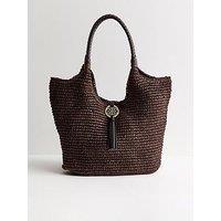 New Look Woven Plaited Handle Hobo Bag - Dark Brown