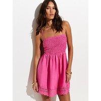 New Look Bright Pink Lace Trim Shirred Mini Dress