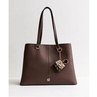 New Look Faux Leather Tote Bag With Mini Bag Charm - Dark Brown