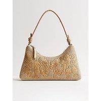 New Look Woven Embroidered Flower Shoulder Bag - Stone