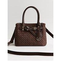 New Look Faux Suede Weave Effect Mini Crossbody Bag - Brown