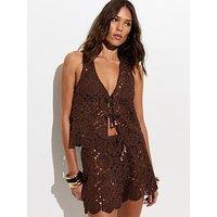 New Look Tile Pattern Crochet Tie Beach Co-Ord Waistcoat - Dark Brown